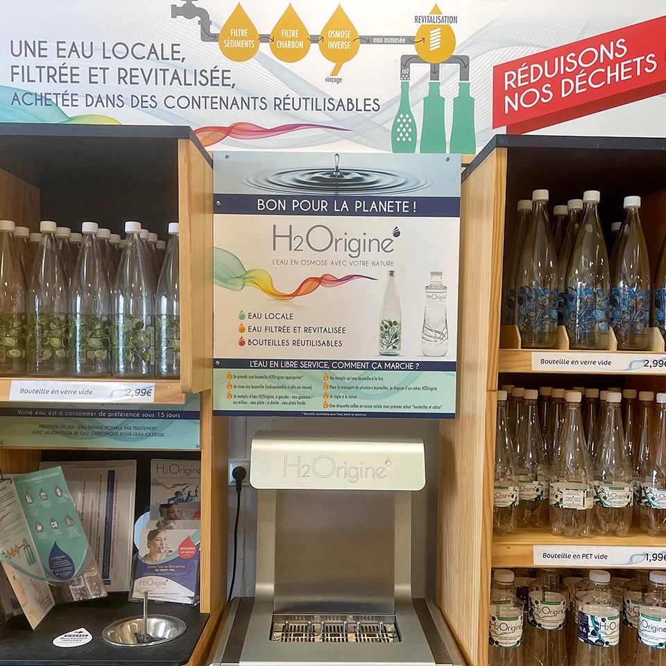 Bouteilles H2Origine en verre pour l'eau gazeuse dans les magasins